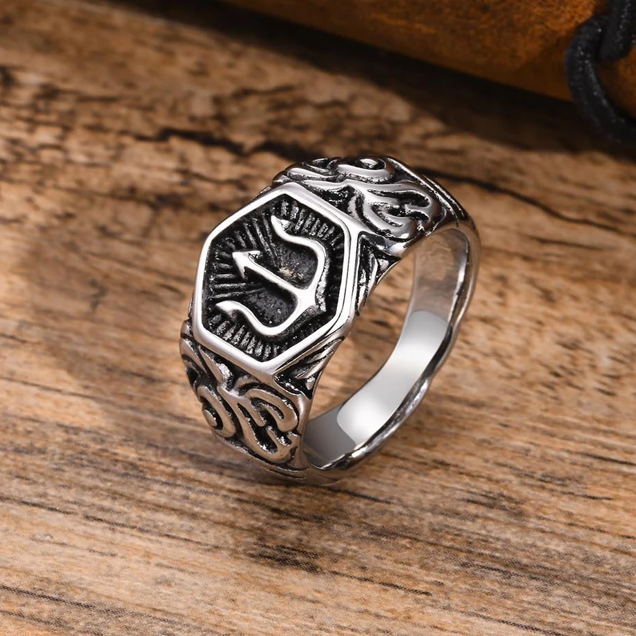 13.3mm Poseidon Trident Ring for Men Ancient Greek New Stainless Steel Amulet Ring Jewelry Gift