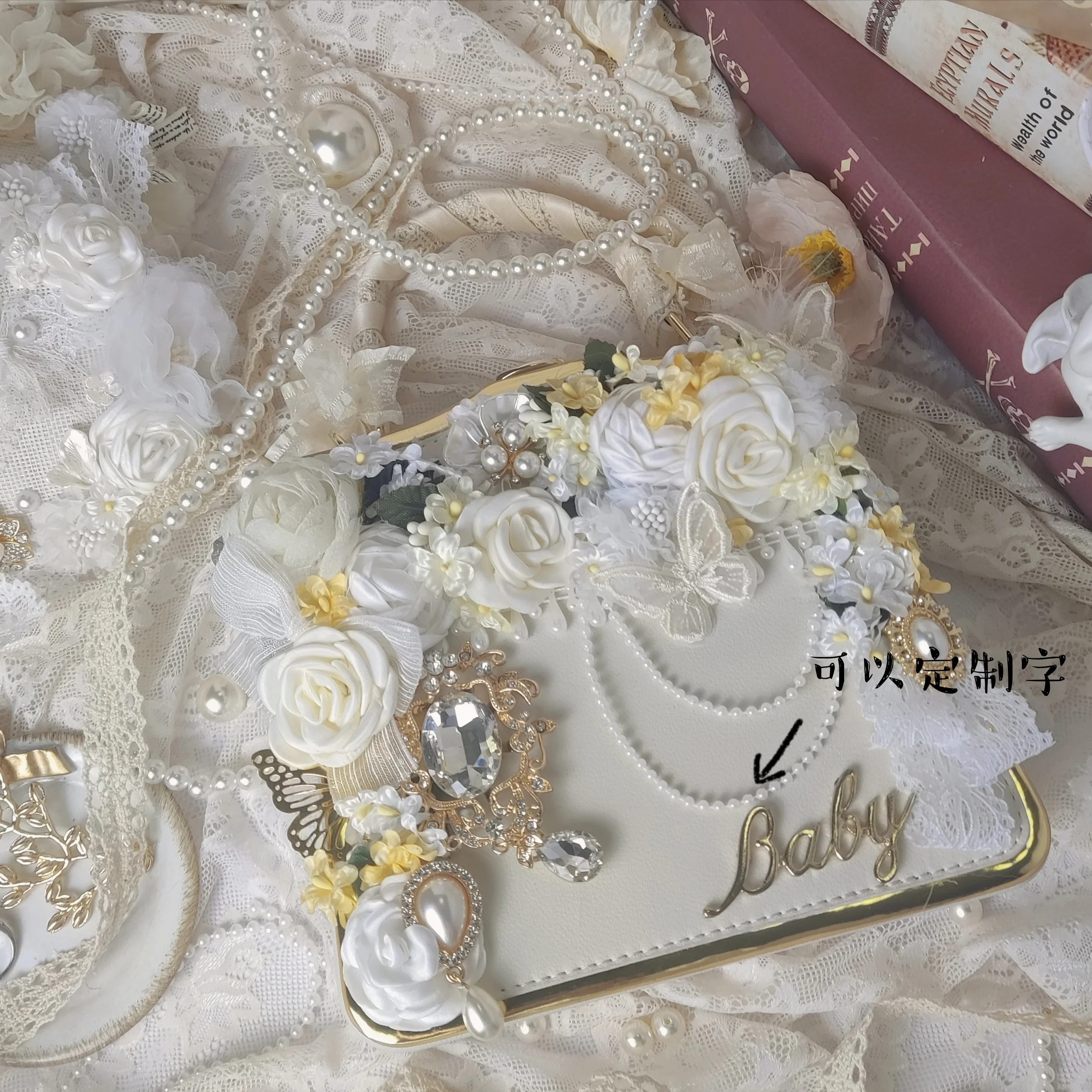 Women Girl Lolita Vintage Handbags Satchels Flowers Bowtie Imitation Pearl Shoulder Bag Crossbody Bags Luxury Lace  Chain Ribbon