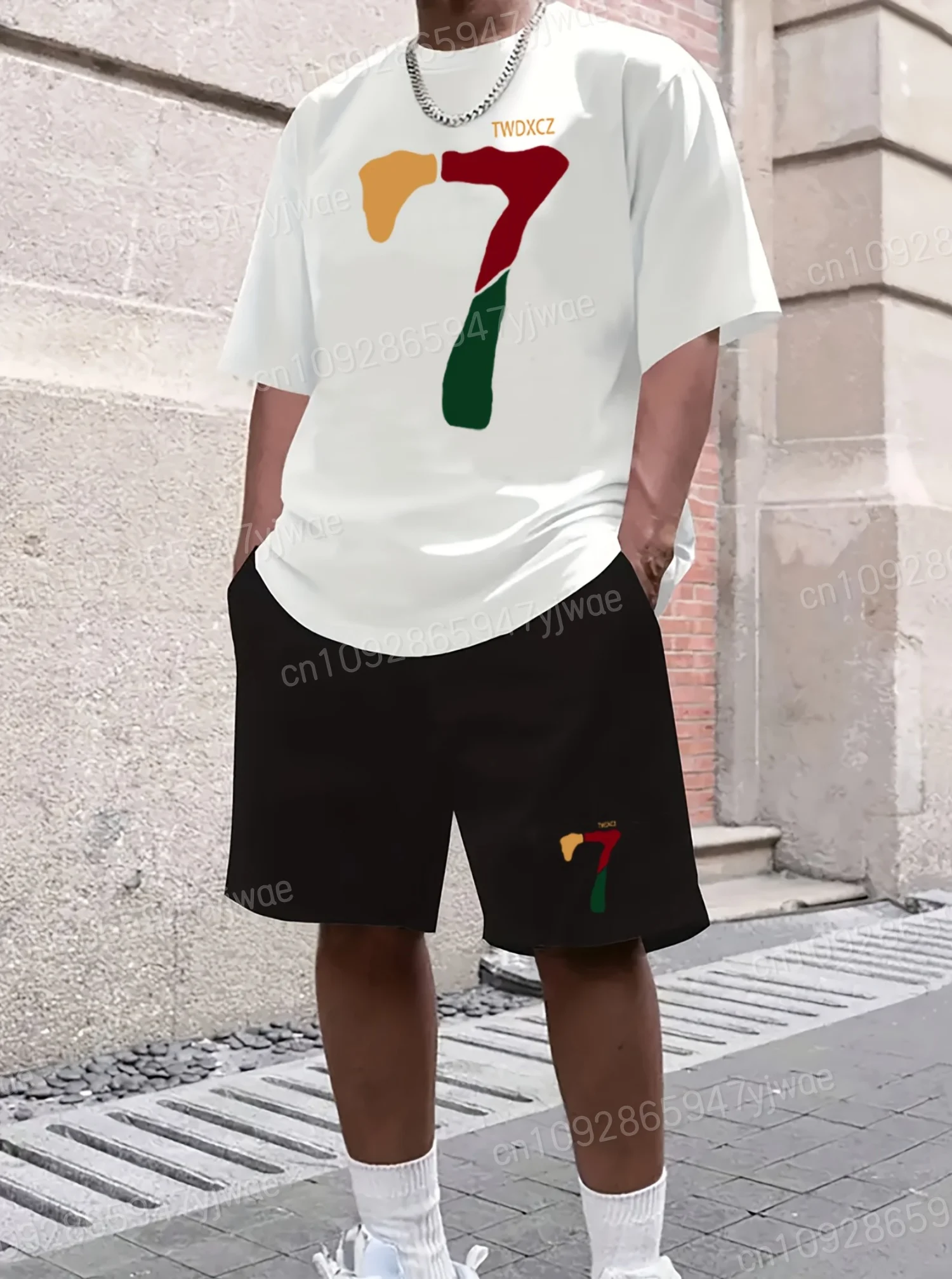 

Лето 2025 г., мужская футболка с короткими рукавами и шортами с принтом номера 7, комплект с круглым вырезом для бега, женская футболка с короткими рукавами и шортами, комплект с шортами