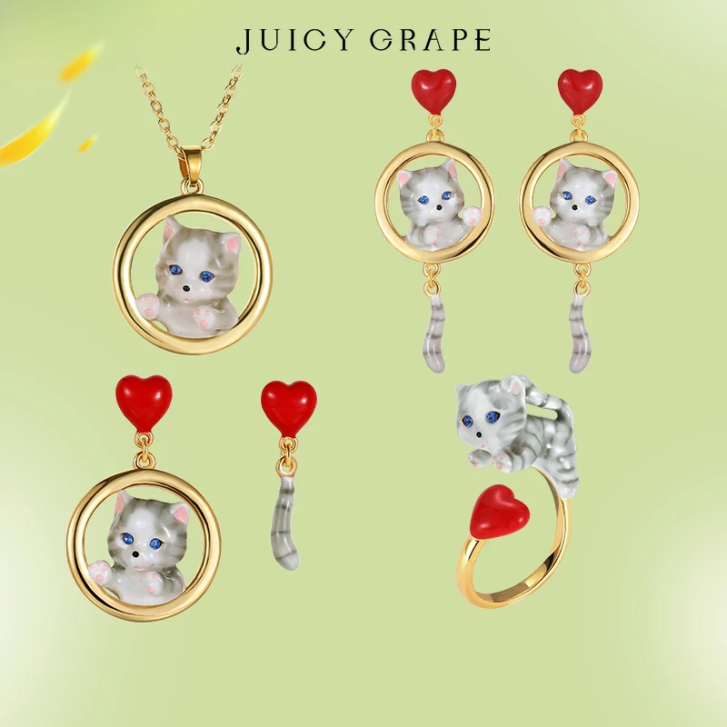 Juicy Grape Cute Cat Jewelry Set For Women Cat Necklace Cat Ring Cat Earring  Cat Handmade Enamel Jewelry 18K Gold Plated