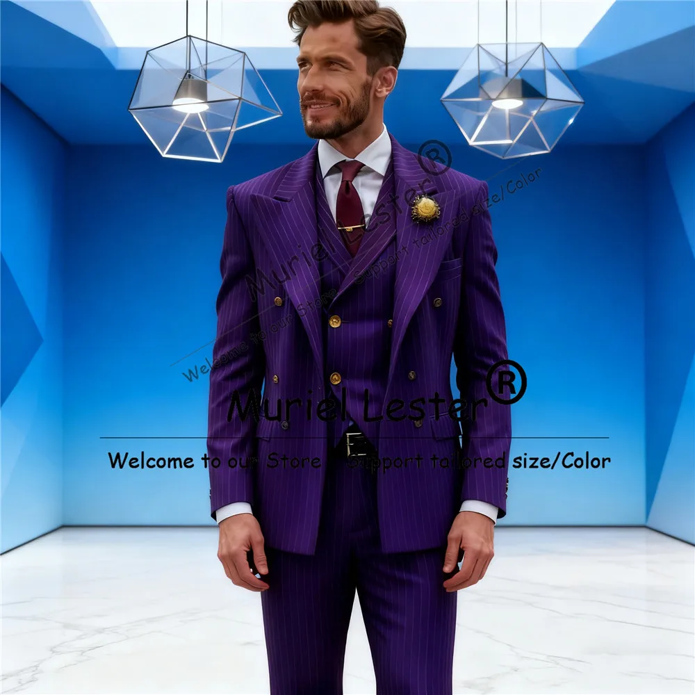 

Fashion Purple Pinstripe Suit Attire For Men Double Breasted Groom Blazers Customized 3 Pieces Sets Male Banquet Wedding Tuxedos