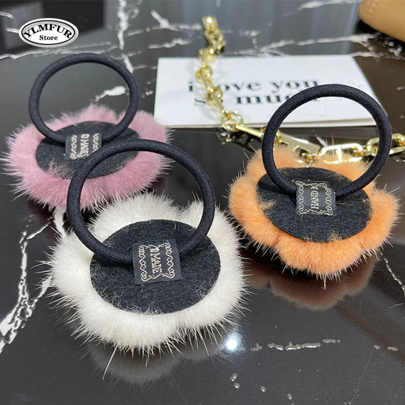 Luxury Fashion Pompom Hair Ring Women Mink Fur Ball Cute Plush Elatic Hair Rope Rubber Band Ponytail Holder Headband Accessories