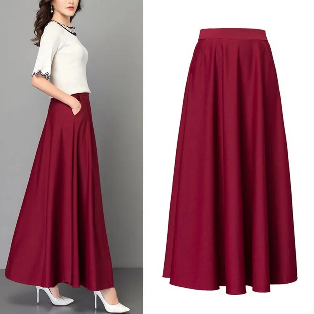 Women Maxi Skirt High Waist Tummy Control Banquet Skirt A-line Loose Hem Pockets Dating Skirt Solid Color Ankle Length Skirt