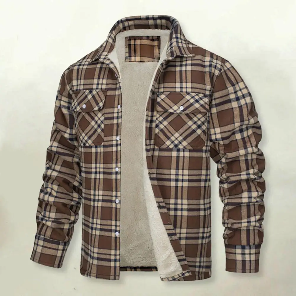 Men Plaid Jacket Lapel Soft Plush Pockets Loose Thickened Long Sleeve Casual Mid Length Men Coat Fall Winter chaquetas hombre