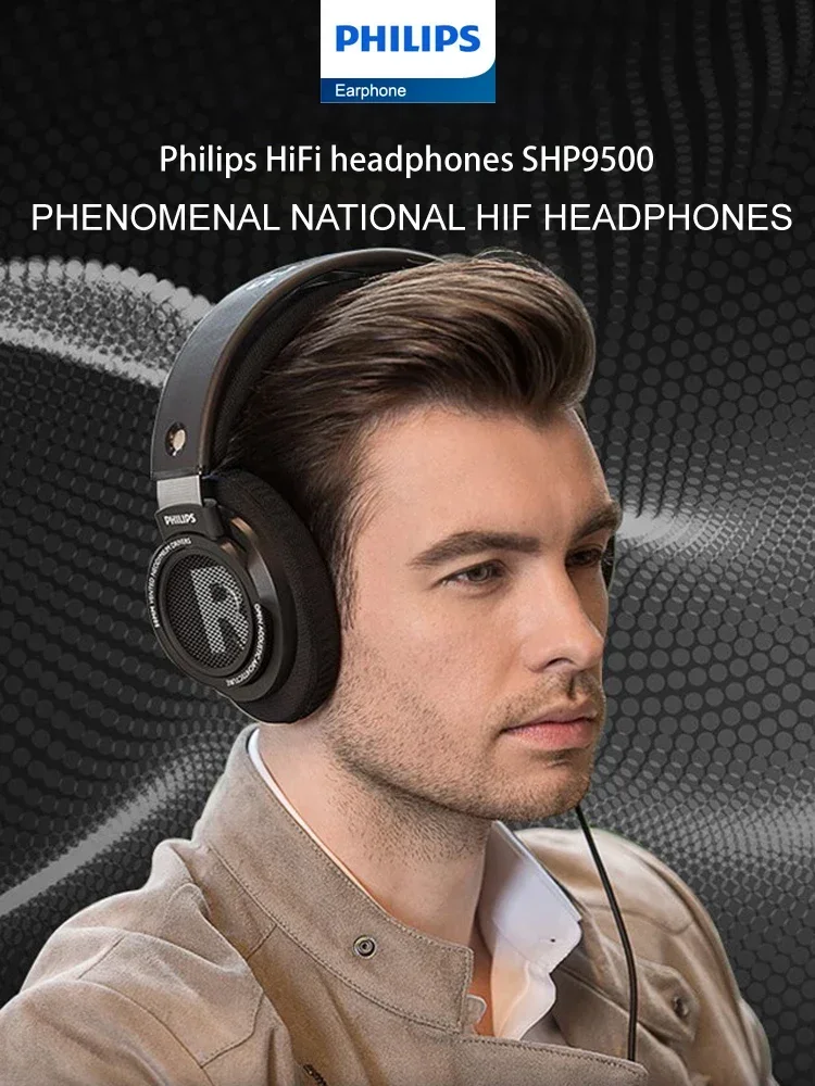 Philips-SHP9500 Fone de ouvido com fio, HD Mic, Call Headset, 3.5mm, 6.3mm Interface Headphones, iPhone, Android, Universal, HiFi Stereo, Novo