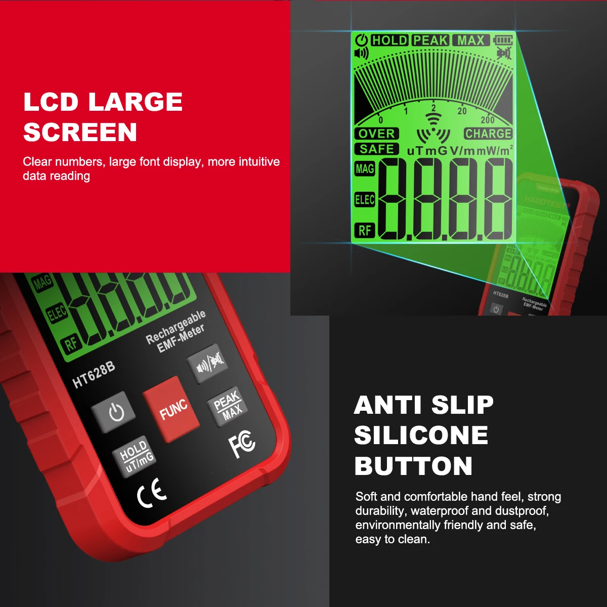 HABOTEST HT628 EMF متر المجال الكهربائي اختبار المجال المغناطيسي كاشف إشعاع الترددات اللاسلكية لاختبار إشعاع التردد الكهرومغناطيسي #4