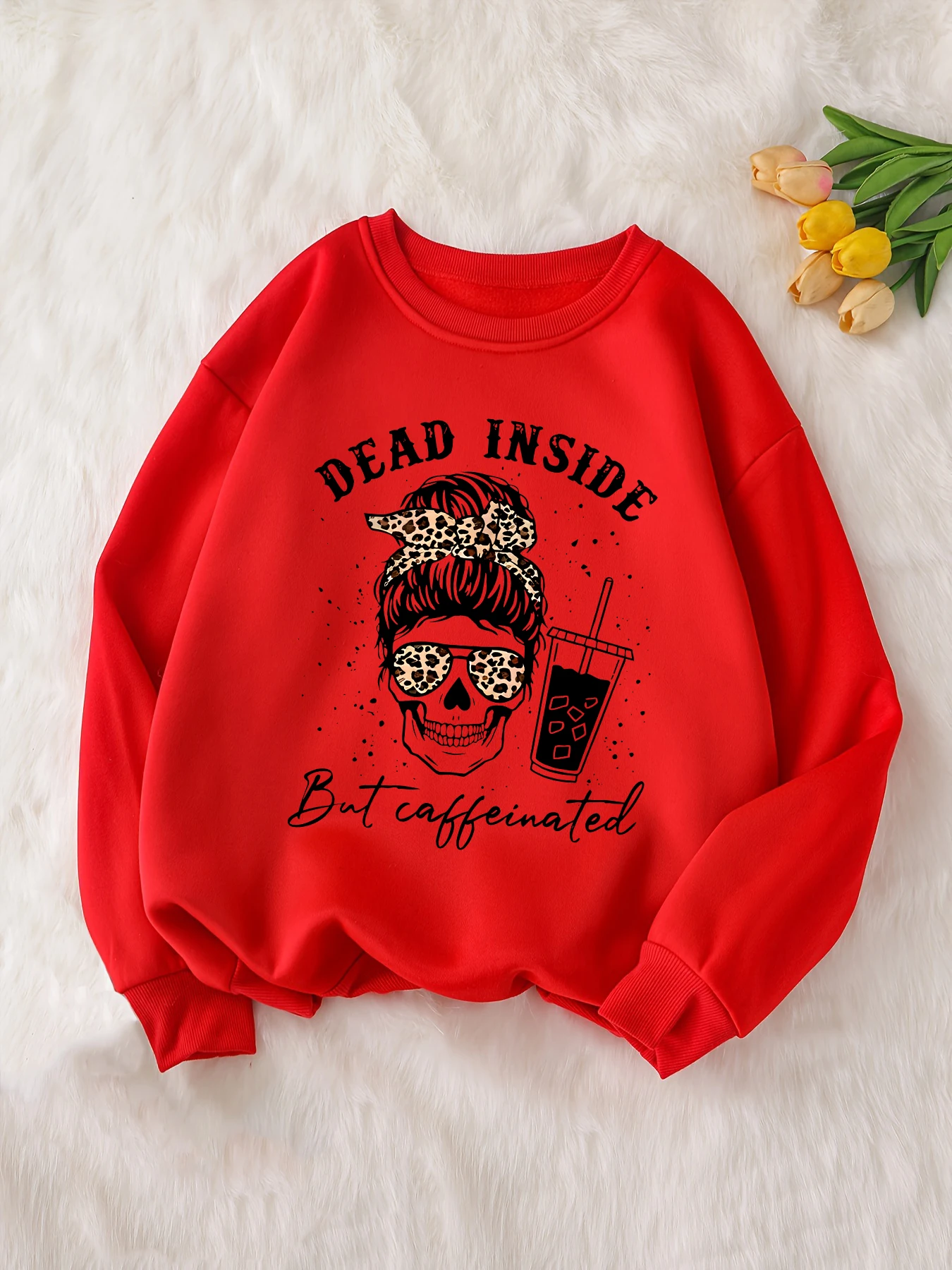 Day of the Dead Festival Orientation New Wave Skeleton Raw Printed Hoodless Tops Red Sweatshirt Fashion Women's