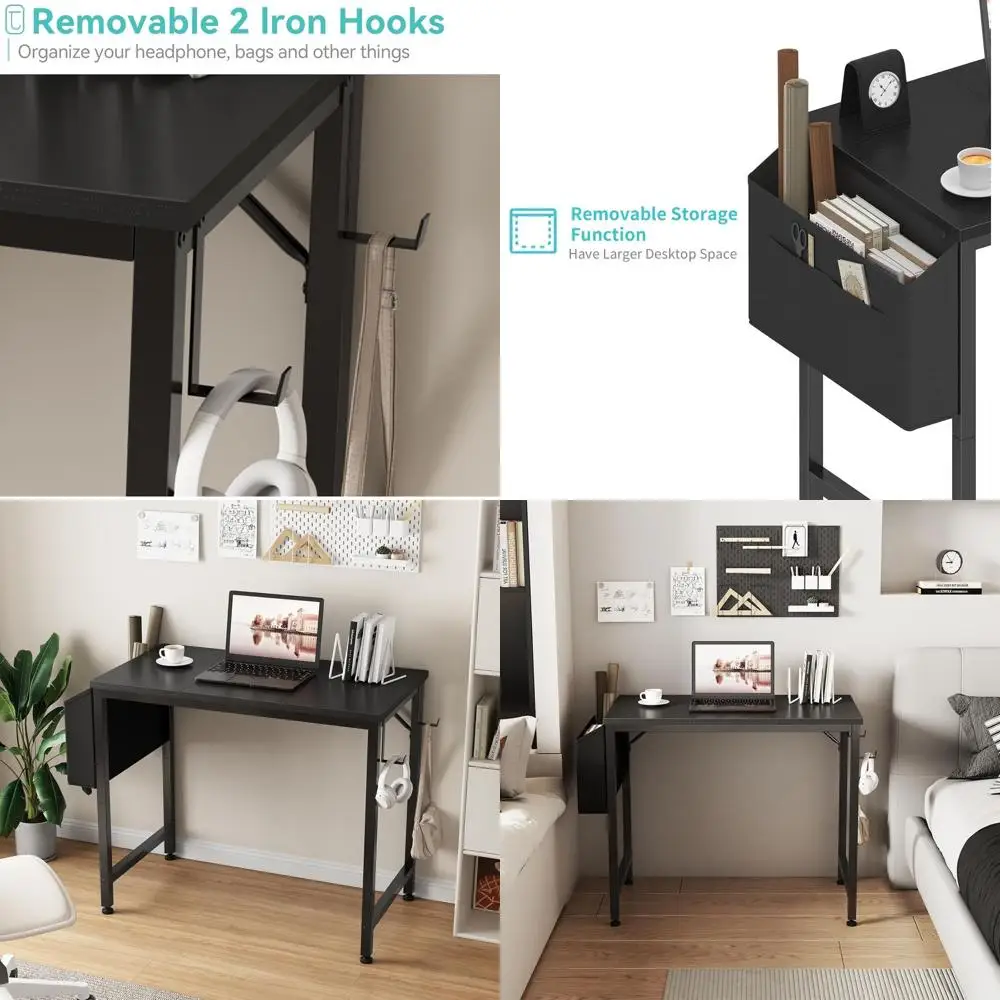 

Compact 32 Kids Desk for Study and Writing, with Storage and Hooks, Ideal for Small Spaces, Black