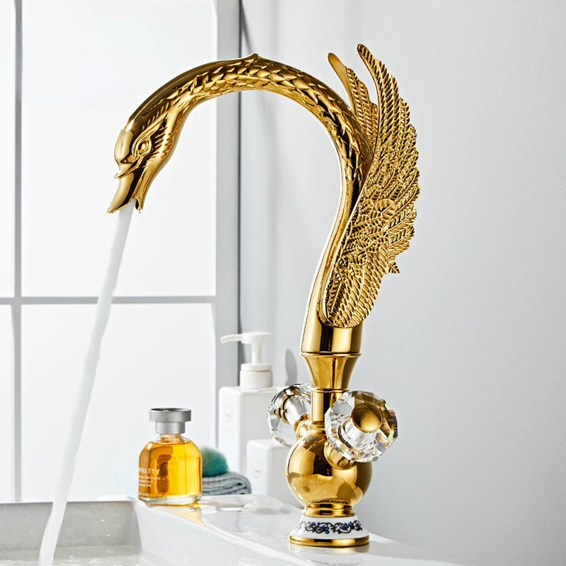 

New Basin Faucet Solid Brass Gold Swan Bathroom Cold And Hot Water Mixer Sink Tap Single Hole Deck Mounted Tap