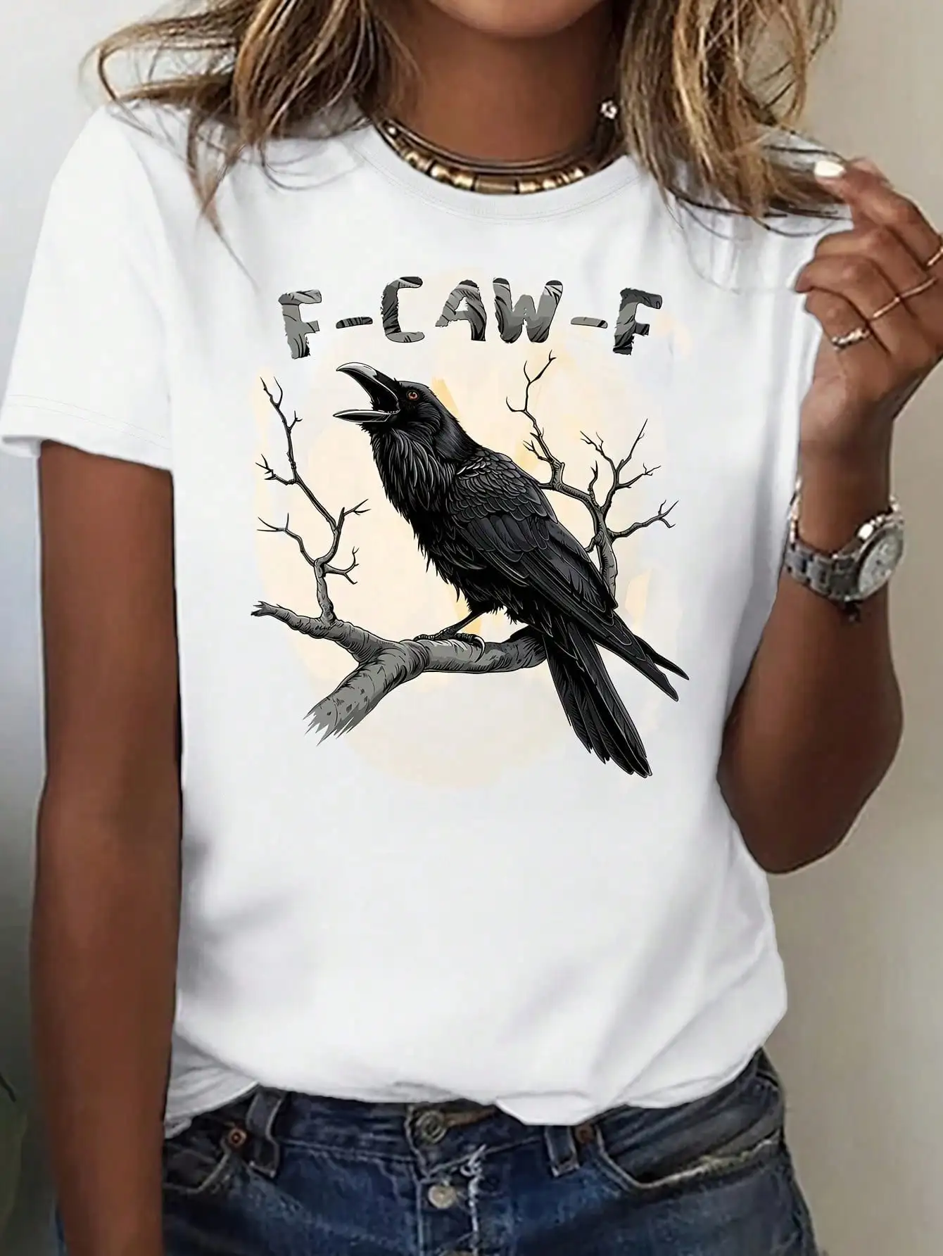 

Home Relaxation, Women's T-Shirt with Raven Print, Casual Crew Neck, Short Sleeve, Knit Fabric, Medium Stretch, Regular Fit