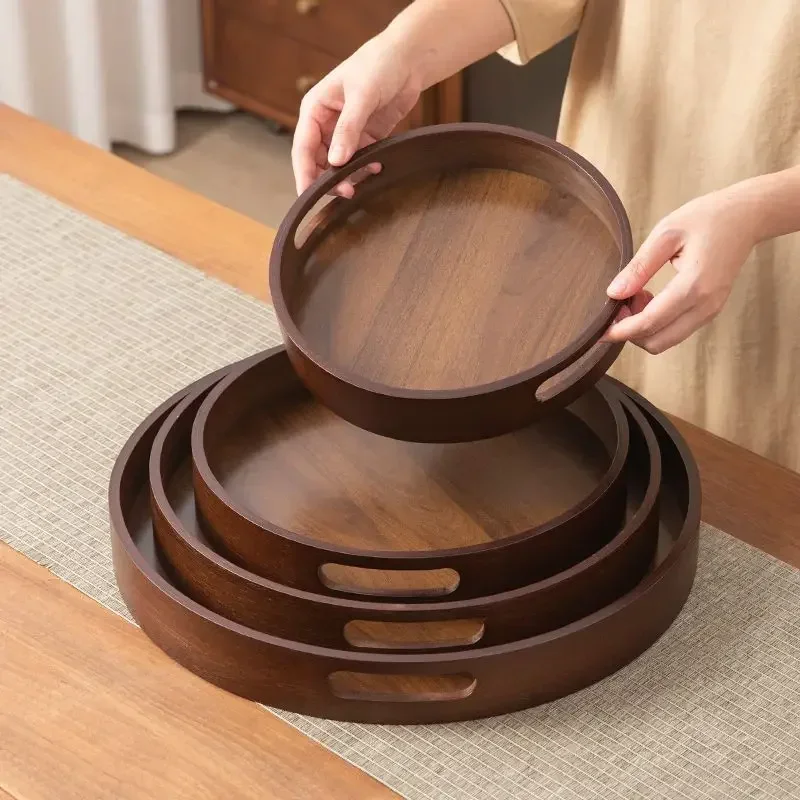 Bamboo Round Tea Tray Simple Wooden Storage Trays Hotel Home Breakfast Dessert Tray Kitchen Supplies