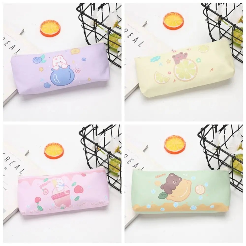 Bolsa duradera para bolígrafos de oso limón Kawaii, oso de dibujos animados, versión coreana, estuche de lápices de Pu, bolsa de papelería creativa multifuncional para estudiantes