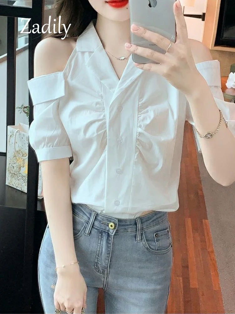 Zadily Causal Short Sleeve Women  Shirt 2023 Summer Korea Style Off Shoulder Button Up Elegant Woman Blouse Slim Clothing Tops