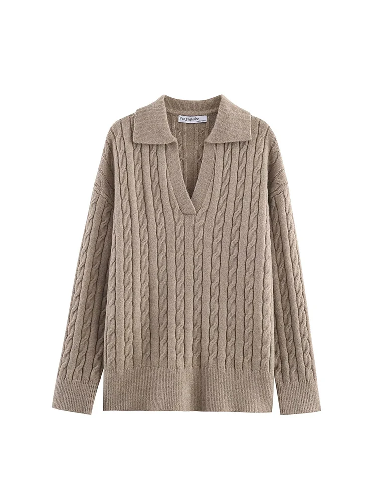

European-style new women's fashion, versatile, elegant solid color long-sleeved eight-strand knitted polo collar sweater