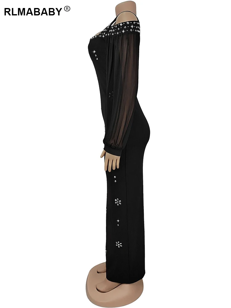 RLMABABY elegante diamante cuello cuadrado hombro recortado mujeres fiesta vestido largo ajustado Sexy Club negro vaina Maxi vestido