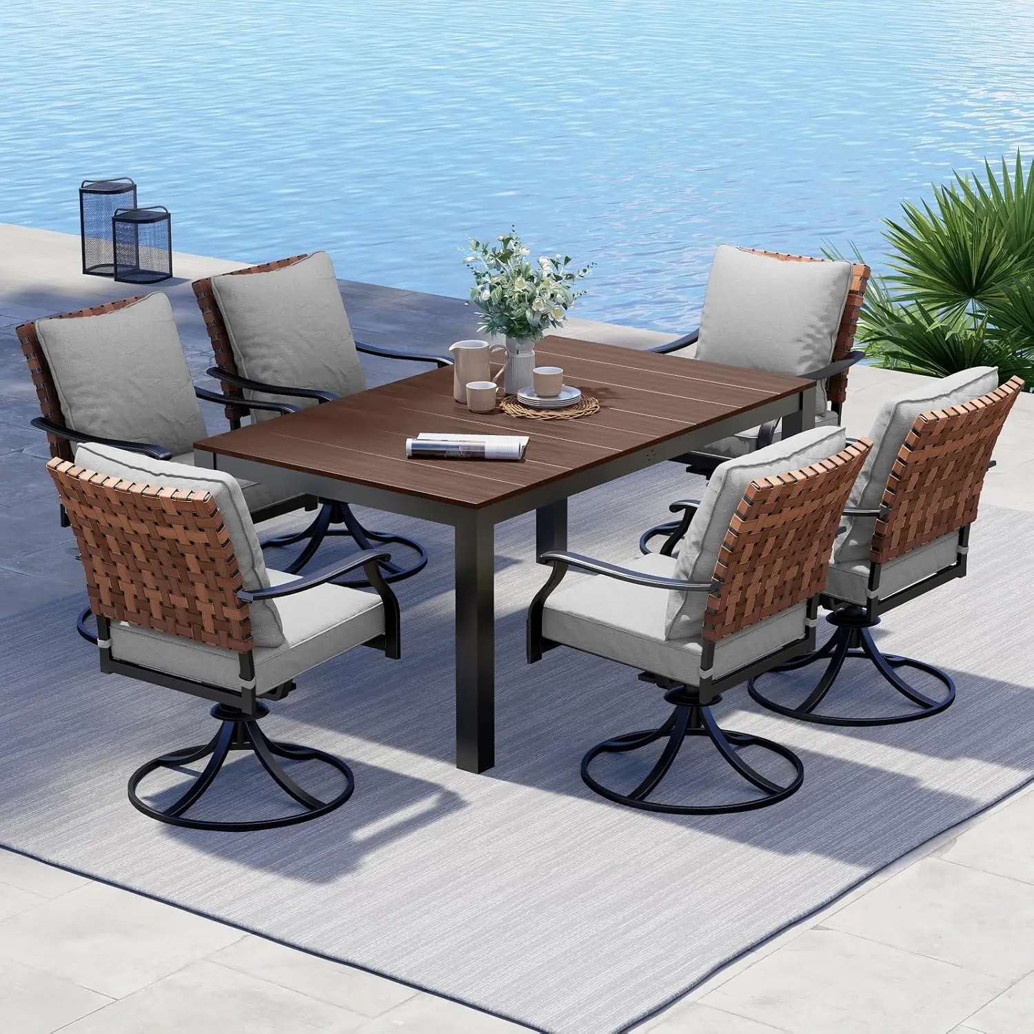 Grand patio 7-Piece Outdoor Dining Set 6 Leather-Look Wicker Swivel Patio Chairs & 1 Rectangular Dining Table Brown