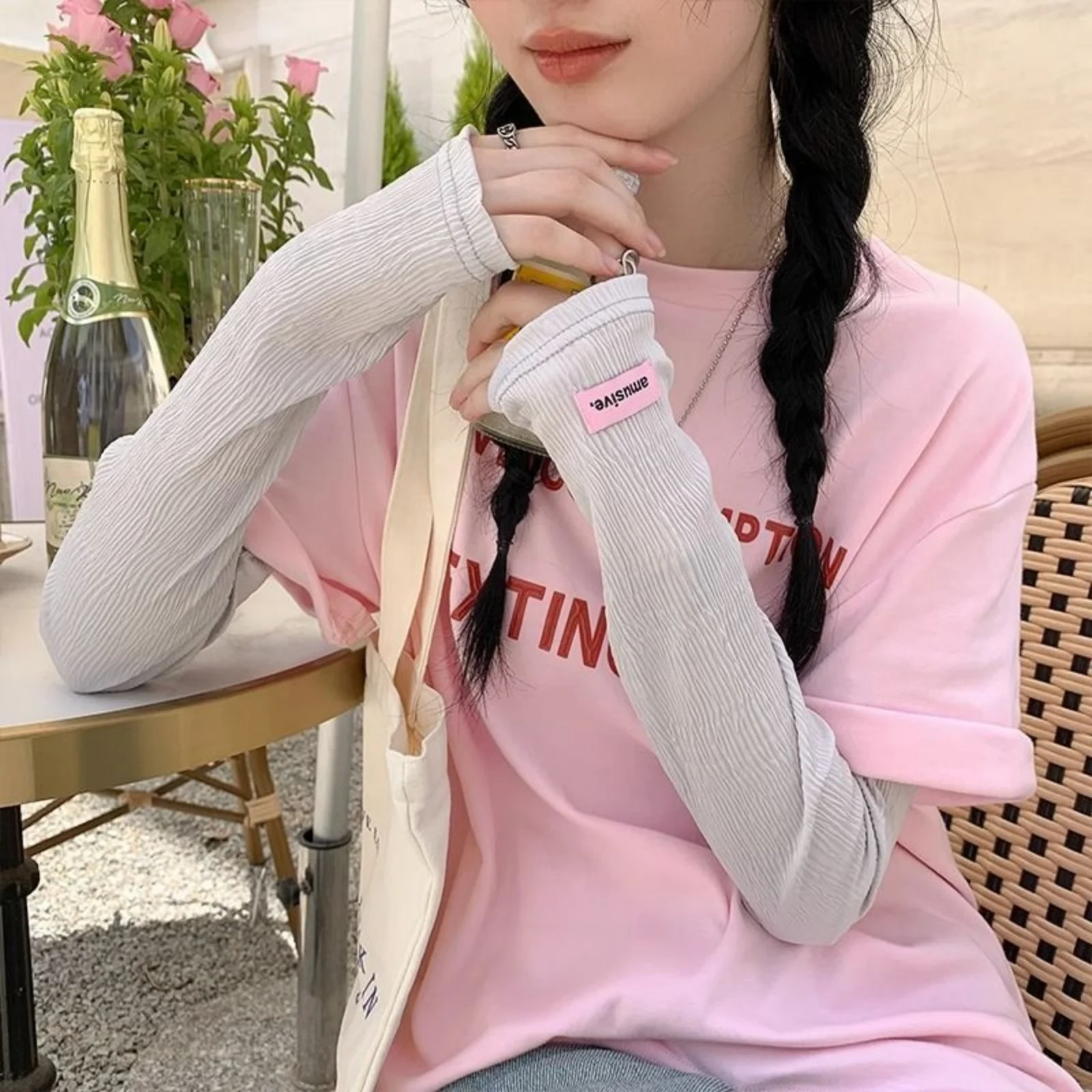 1Pair Crinkle Texture Adjustable Sleeve Covers For Women Cute Pink Label Sun Protection Arm Sleeves For Outdoor Activities image 3