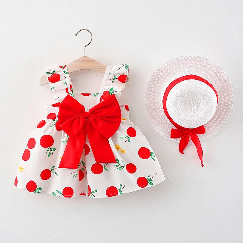 2 PcsSummer New Full of Fruit Print Big Bow Cotton Skirt Girl\'s Cotton Skirt Free Straw Hat