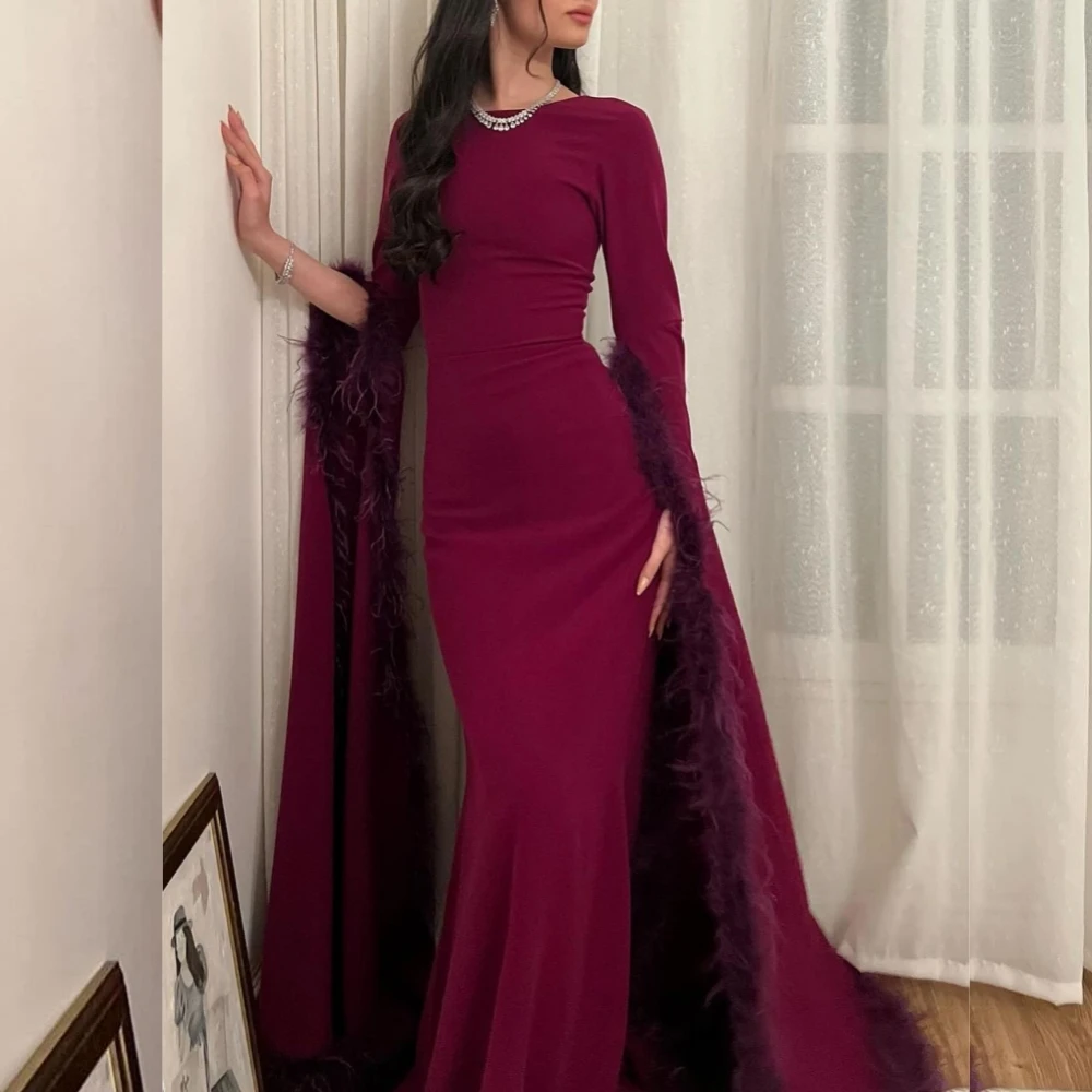 

Jiayigong Jersey Feather Celebrity Sheath Scoop Neck Bespoke Occasion Gown Long Dresses Saudi Arabia