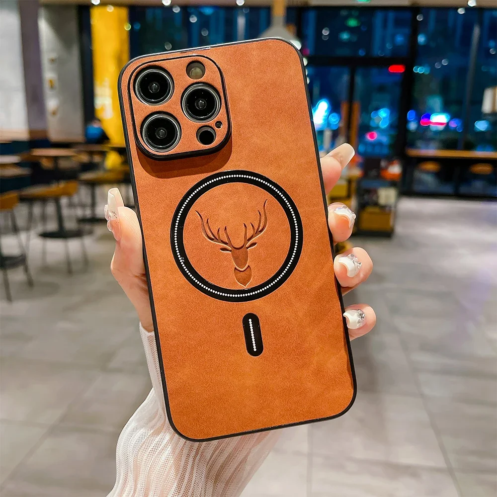Magnetic Leather Case for iPhone 16 15 14 13 12 11 Pro Max Plus Cover Chagre for Magsafe 3D Deer All-round Camera Shell Fundas