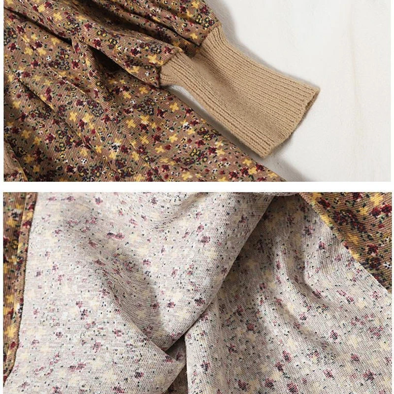 Spring Autumn New Slim Knitted Long Dress Joker Corduroy Women's Floral Dress Age-reducing Splicing Bands Female Casual Fashion
