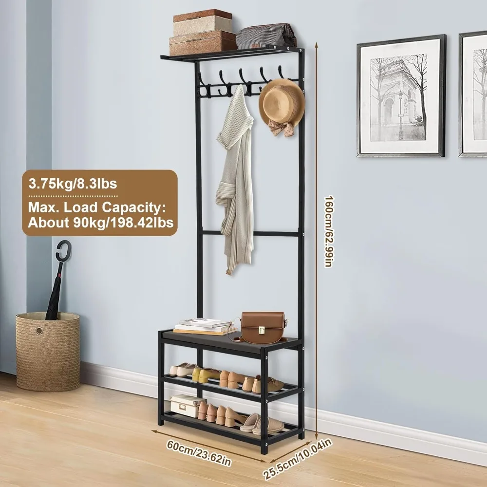 3-in-1 Hall Tree with Shoe Bench Freestanding Entryway Bench with Shoe Storage Stand Coat Rack with 5 Hooks & 2 Shoe Racks