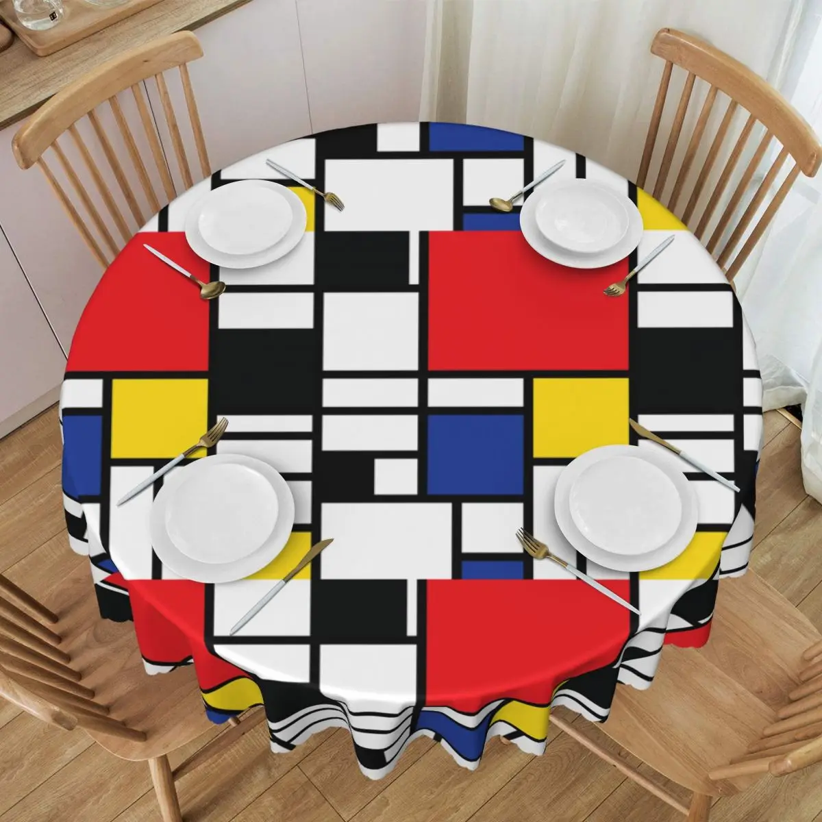 Piet Mondrian De Stijl Round Tablecloths 60 Inches Abstract Art Colorful Table Cover for Kitchen Table Cloth