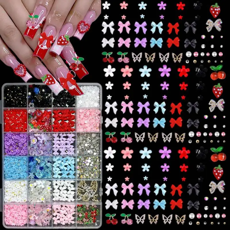 1Box Sweet Multicolor Bow Flower Nail Charms Resin Pearl Alloy Strawberry DIY Crafts Crystal Nail Art Decorations Accessories