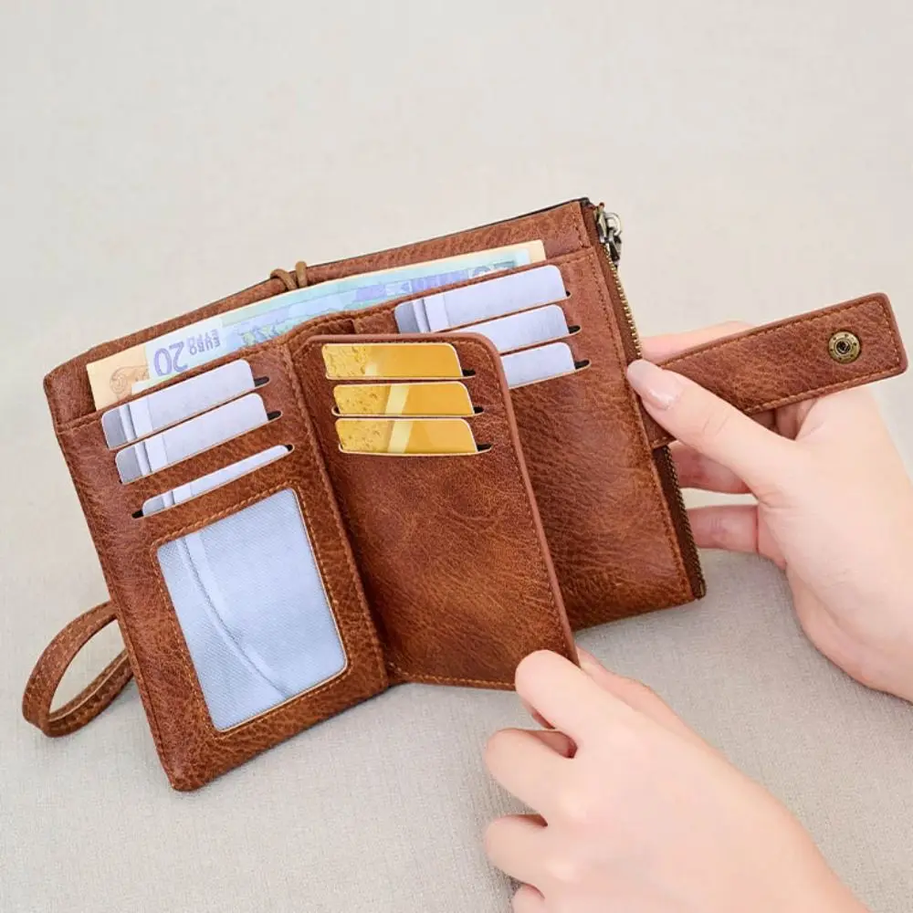 

Портативный RFID-защищенный короткий кошелек с несколькими отделениями для карт, ремешком на запястье и двойным карманом на молнии для монет