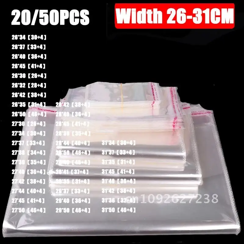 20/50pcs Large Size Transparent Self-adhesive Sealed Plastic Packaging Bag Resealable Cellophane OPP Fresh-keeping Bag Gift Bag