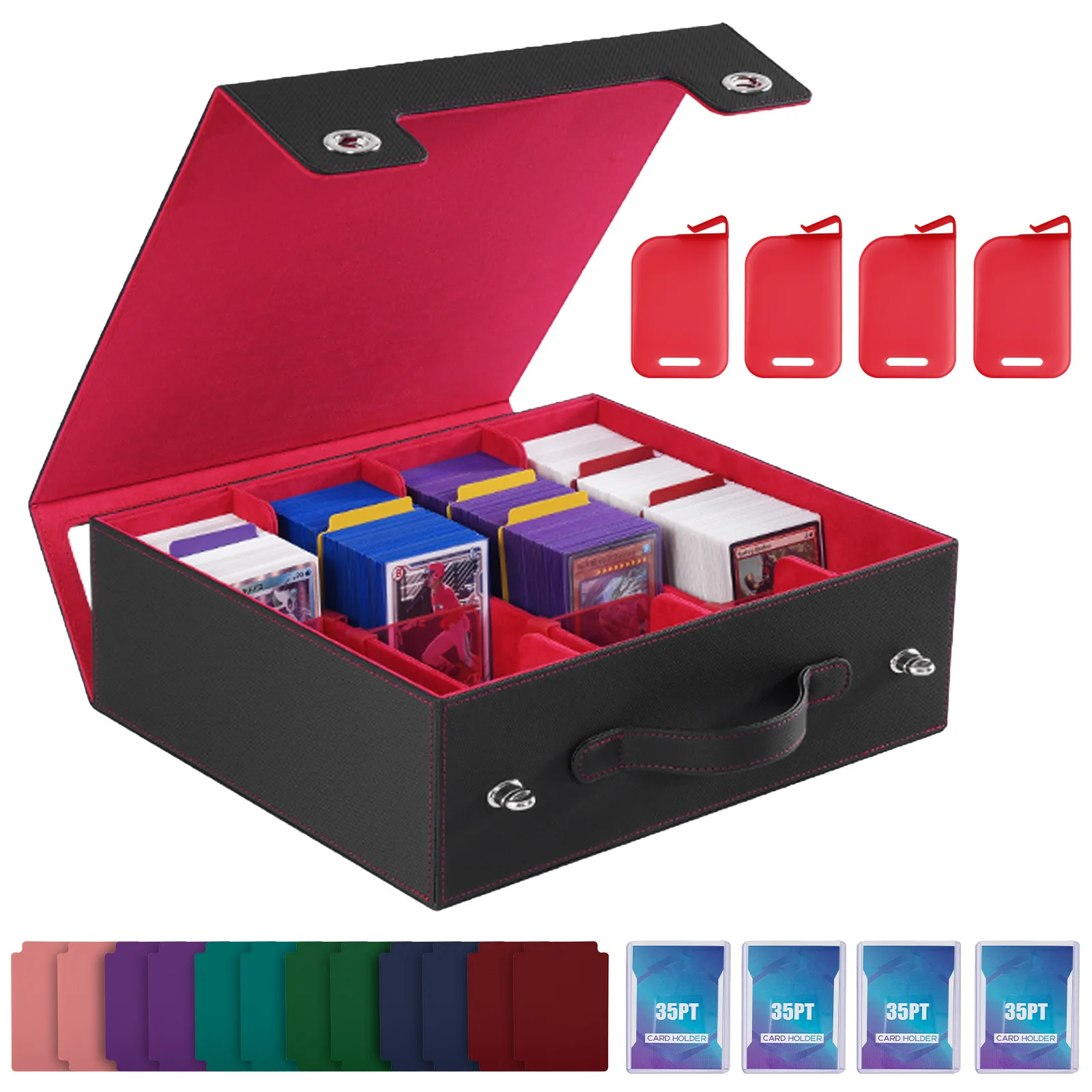 Großer Aufbewahrungskoffer für über 3500 Karten, 4-stufige Fensterbox mit Tragegriff, PU-Leder für MTG/Pokemon TCG, Sammlungsdisplay