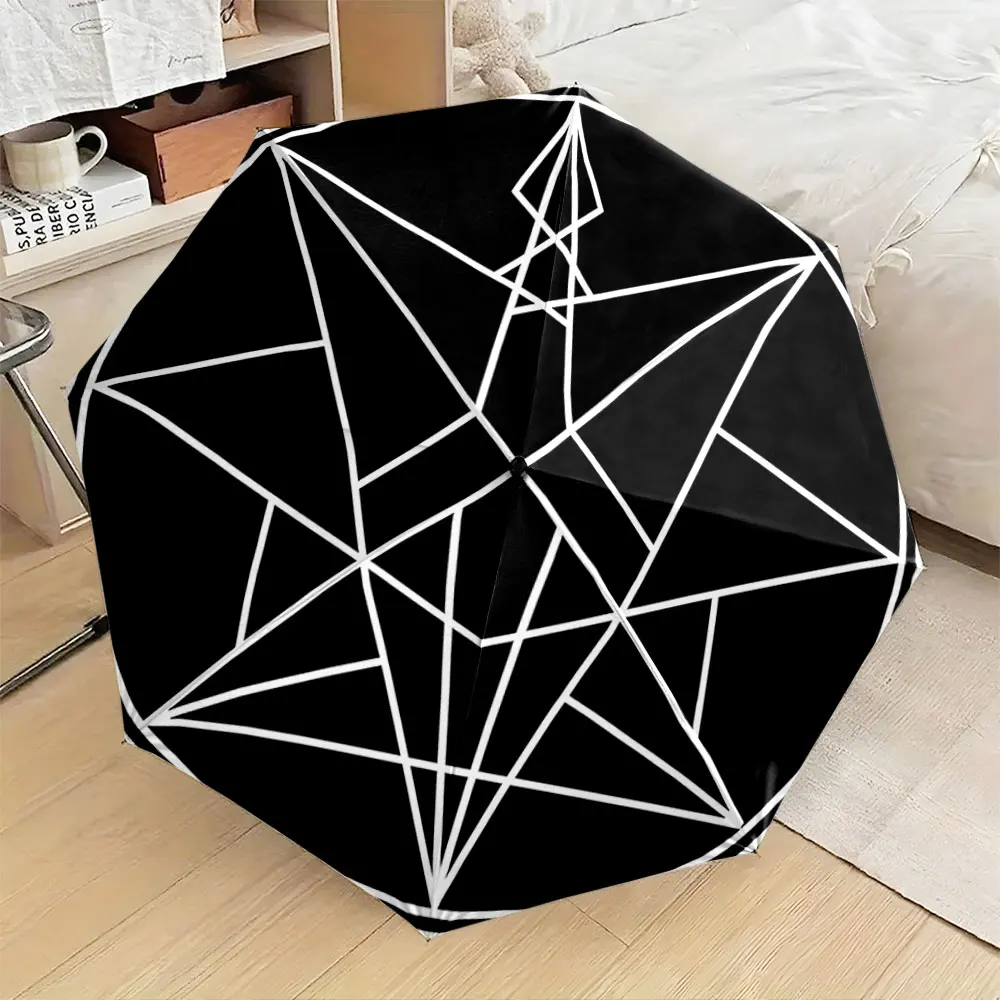 1PC Geometric Design Black Umbrella with Artistic Pattern Print 8 Iron Ribs Folding Umbrella Auto-Open Fashion Sunshade