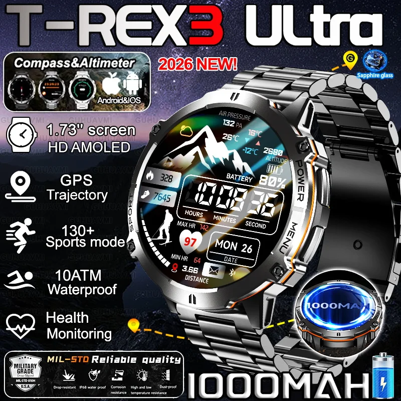 

Outdoor T-Rex 3 Military Grade GPS Smart Watch 1000mAh Battery AMOLED Compass Altimeter Call 10ATM Waterproof Swim Sports Watch