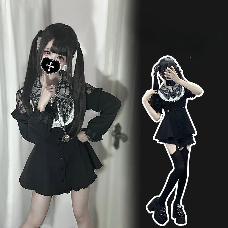 NONSAR Japanese Gothic Rhinestone Bow Dress Shorts Set Women Lace Off Shoulder Long Sleeve Slim Shirt Dresses Lolita Y2k Outfits