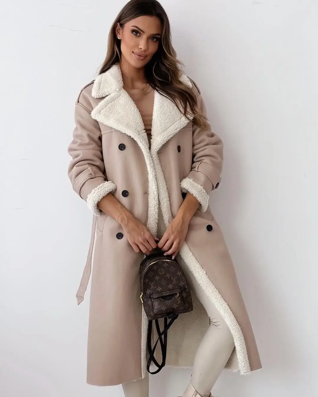 Composite Leather Plush Jackets Outwear Stand-up Collar Wrap Jackets Women Long Sleeve Coat Double-breasted Trench Overcoats