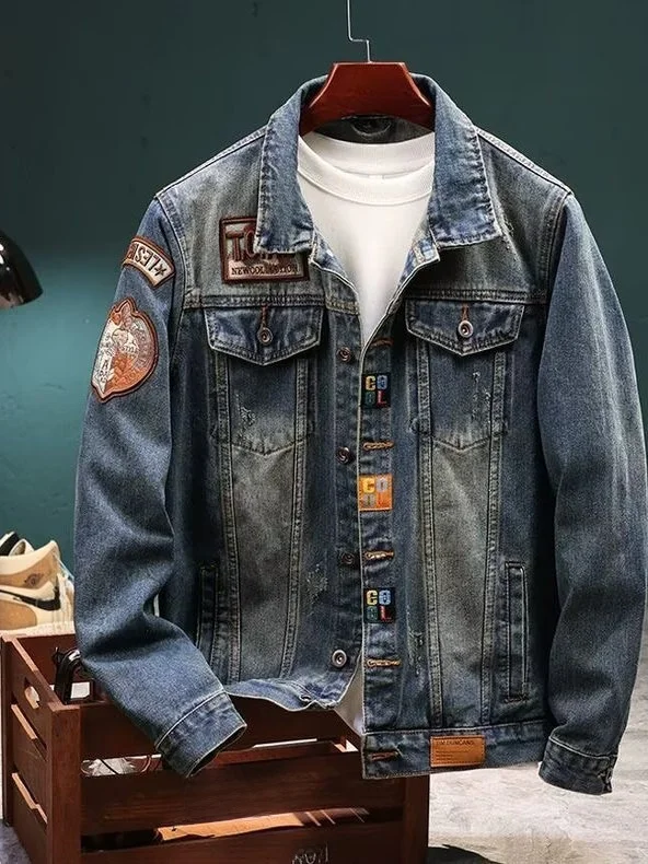 

High-End Labelled Men's Spring Casual Workwear Jaet American Retro Denim Faion Urban Sle Long Sve Outerwear Coat
