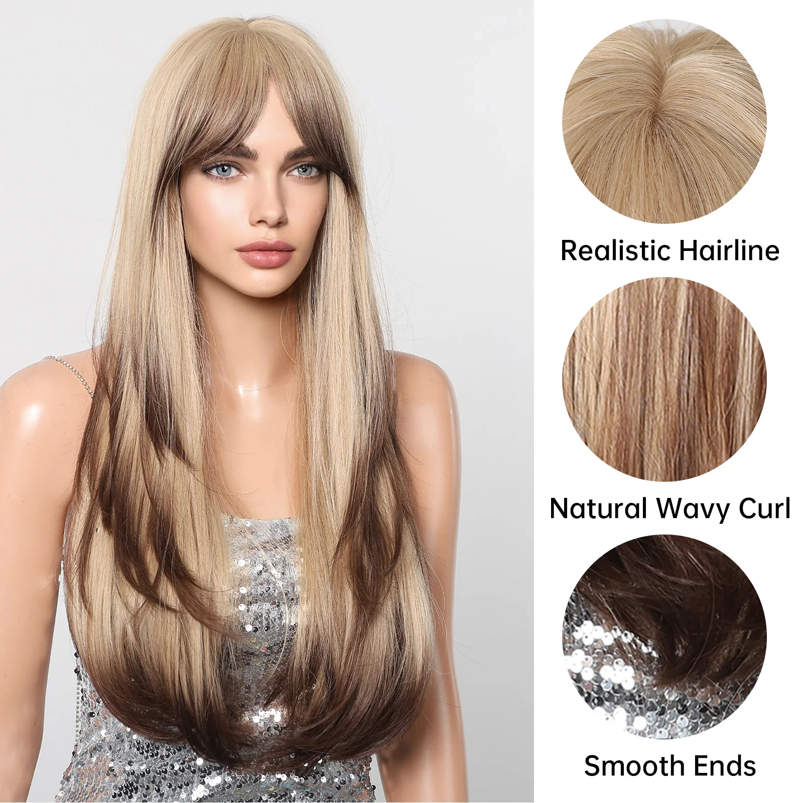 Long Straight Ombre Blonde to Brown Synthetic Layered Wig with Bangs for Women Heat Resistant Cosplay Party Daily Natural Hair