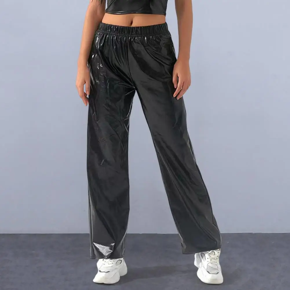 Women Men Casual Pants Mid-Rise Elastic Waist Straight Design Long Trousers Faux Leather Loose Fit Pants