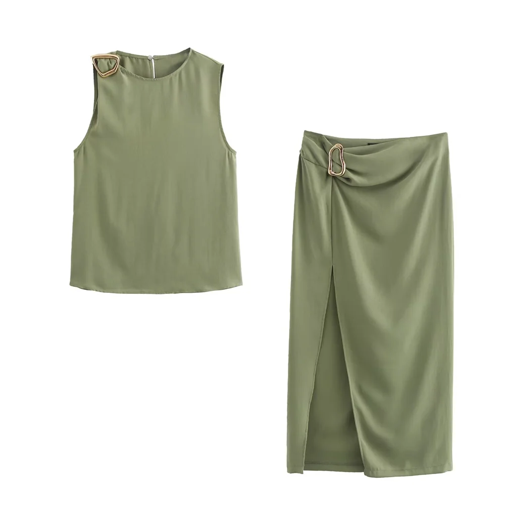 

Zach Ailsa осенний Новый женский модный комплект с украшением в виде пряжки, топ с круглым вырезом и высокой талией, облегающая хлопковая юбка в клетку