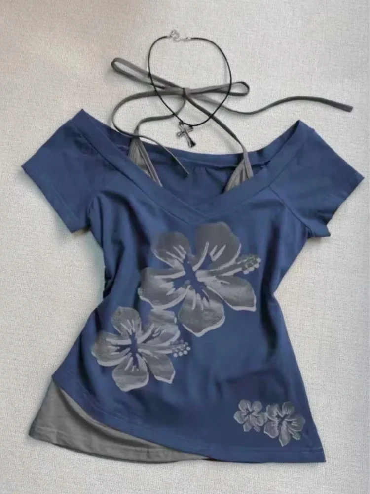 여름 레트로 퍼플 홀터 가짜 투피스 프린트 티셔츠 여성 Y2K streetwear 핫 소녀 슬림 피트 하라주쿠 패션 캐주얼 탑 New