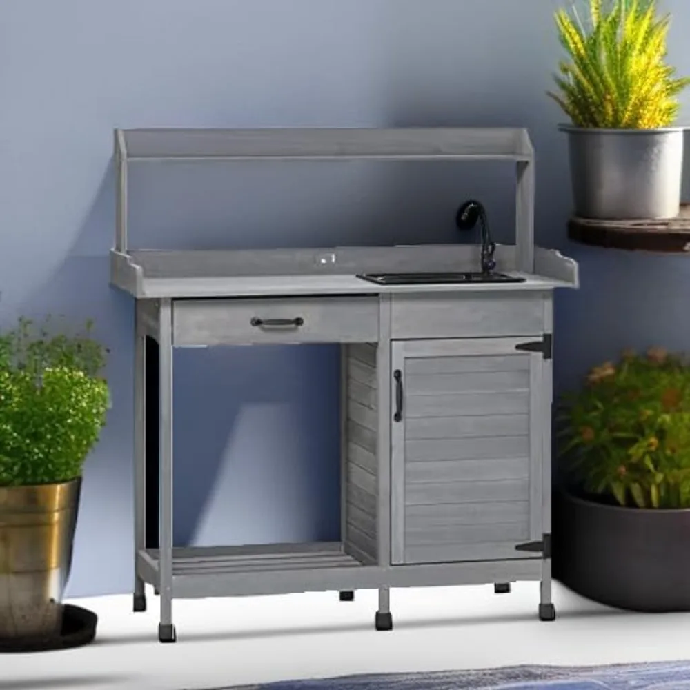 Stół do doniczek ze zlewem, stół do pracowania na zewnątrz ze szafką do przechowywania, haczykami, wyjmowanym zlewem, kranem i szufladą