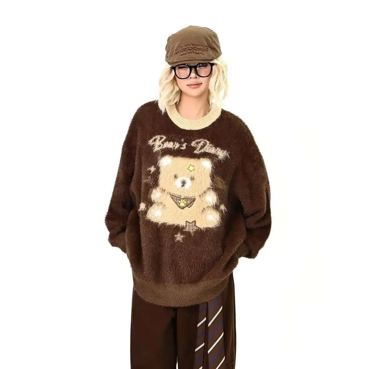 

Мужской зимний свитер в американском ретро-стиле, с круглым вырезом, вязаный, с мультяшным принтом, свободного кроя, повседневный, модный пуловер