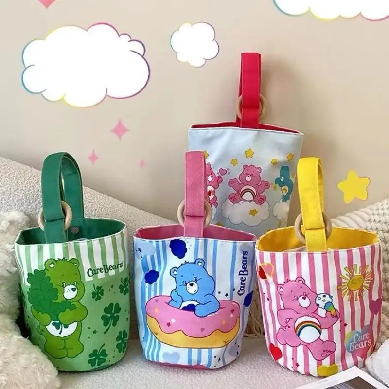 Kawaii Care Bear Bucket Bag Cartoon Cute Portable Canvas Bag Girly Heart Tote Bag Mommy Bag Large Capacity Lunch Bag