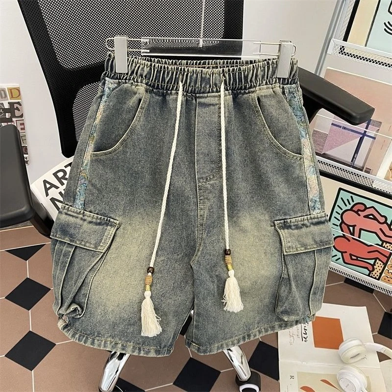 

Men's Vintage Denim Shorts Harajuku Streetwear Loose Multi Pocket Cargo Shorts Lightweight Summer Above Knee Casual Male Shorts