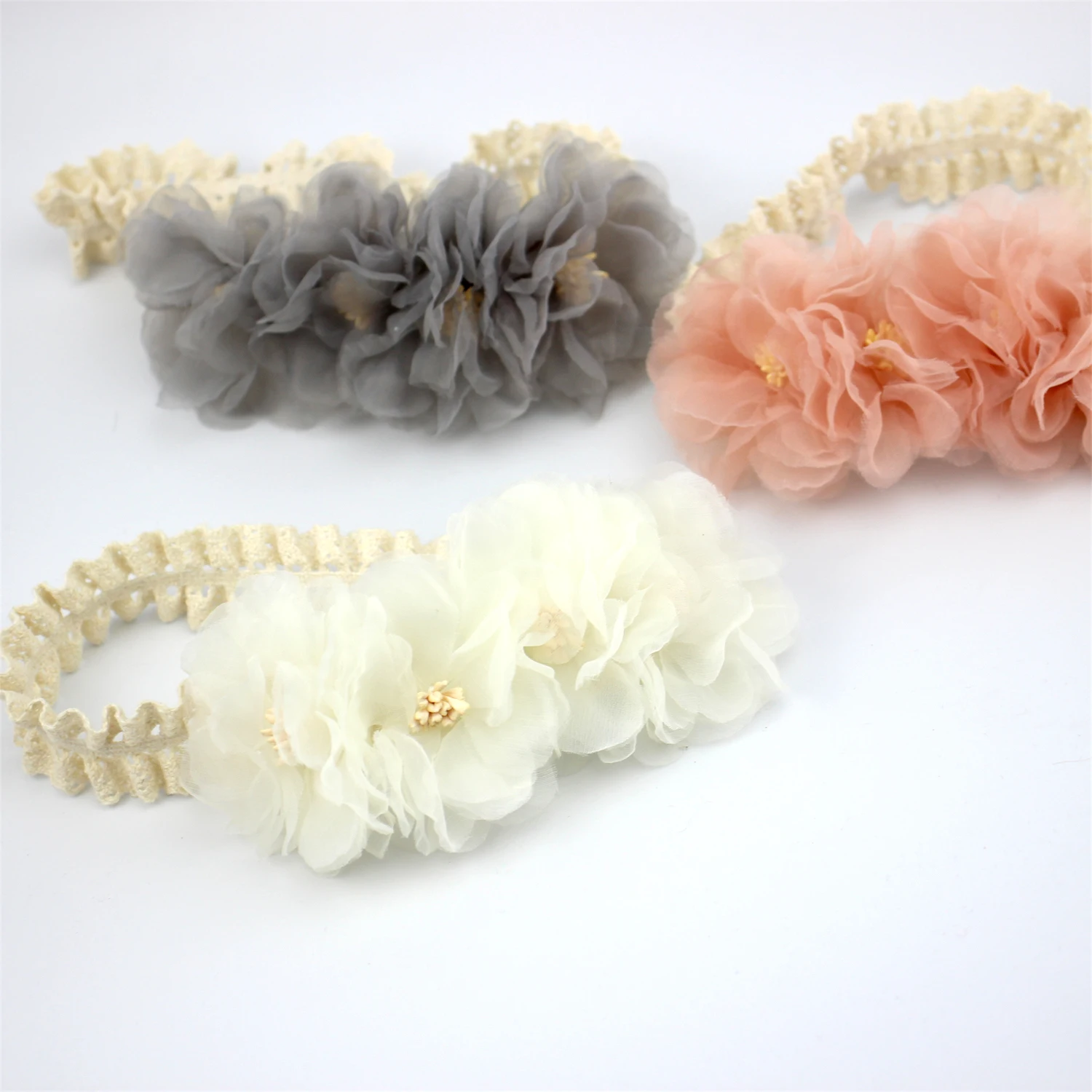 Korean Style White Chiffon Flowers Headband Baby Girls Hair Accessories Little Princess Hair Flower Headwrap Newborn Lace Turban