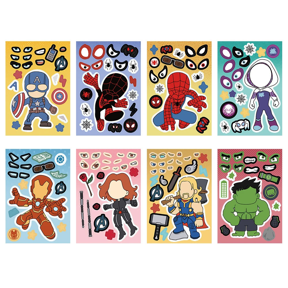 8/16Sheets Disney Spiderman and His Amazing Friends Stickers Puzzle Make-a-Face Game For Kids DIY Children Assemble Jigsaw Toys