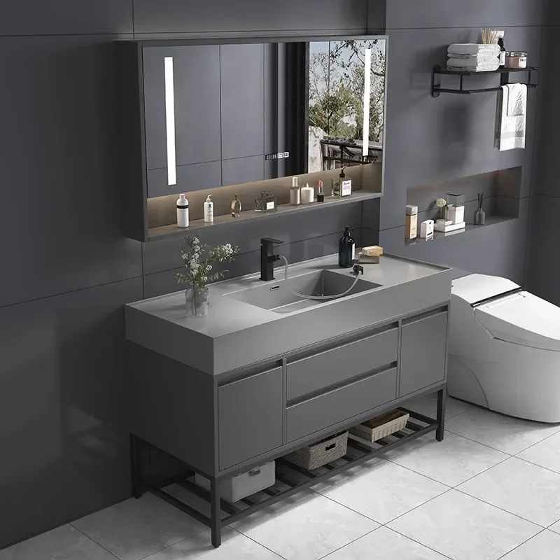 Light Luxury Solid Wood Bathroom Cabinet Rock Integrated Hands Face Washbasin Intelligent Mirror Cabinet Floor Standing