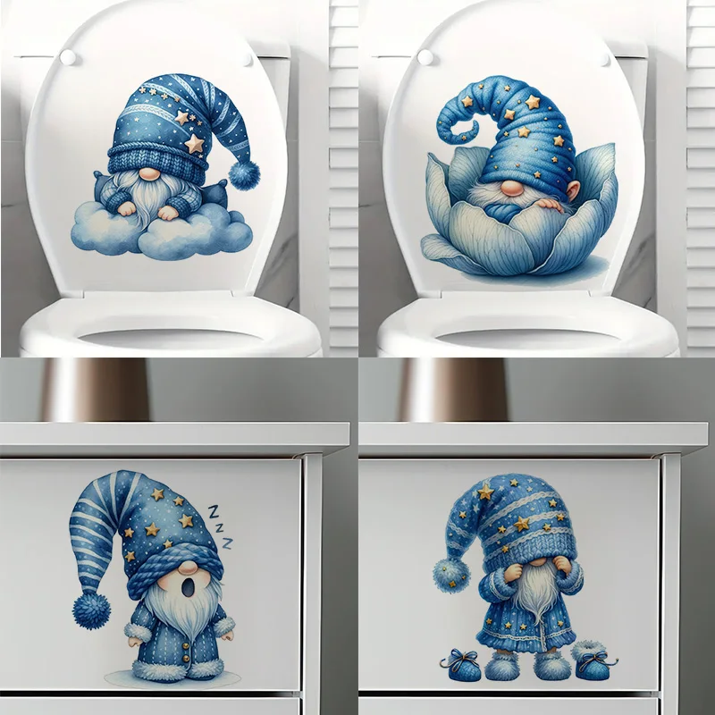 

KT323# Blue Gnome Self-Adhesive Toilet Stickers,Wall Decal Removable, Reusable Vinyl Car Sticker for Toilet Lid, Bathroom Decor