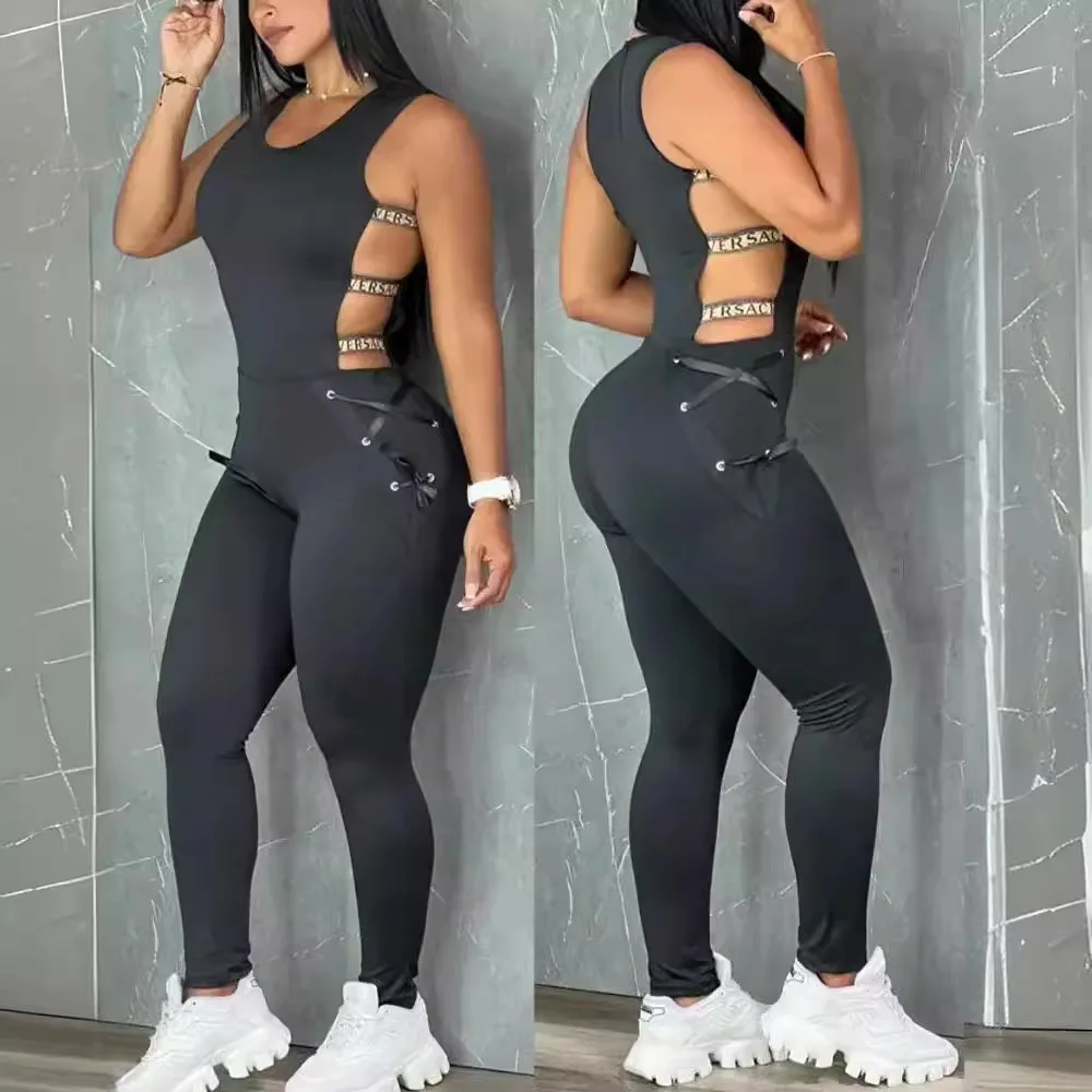 Women's Solid Color Hollow Sleeveless V-neck Waist Slimming and Sexy Punk Slimming Jumpsuit 2024 Summer