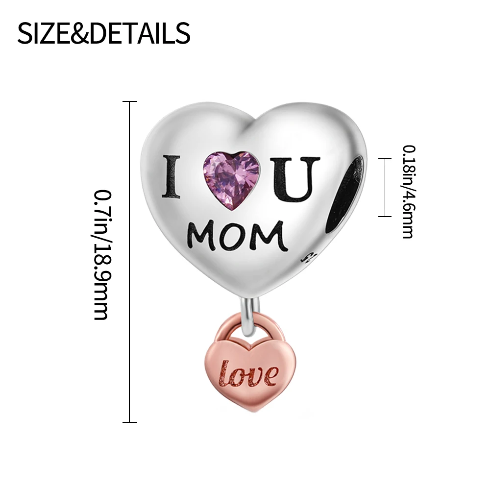 Original 925 Sterling Silver Mom I Love You Heart Charms Beads Pendants Fit S925 Bracelet Necklace Fine DIY Mother's Day Jewelry image 6